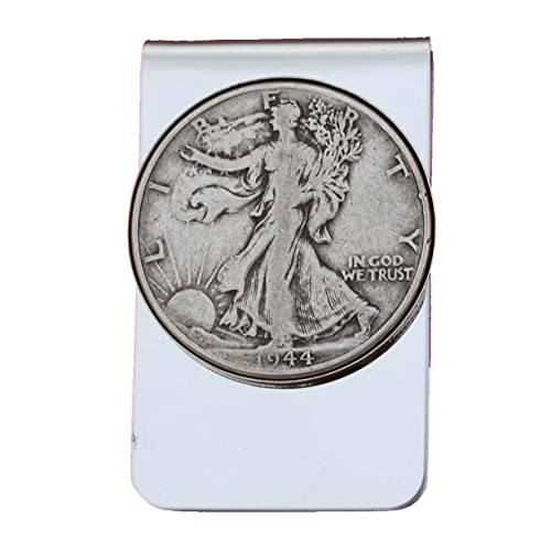 US 1944 Walking Liberty Half Dollar 90% Silver Coin Stainless Steel Money Clip NEW - Silver Plated Coin Bezel