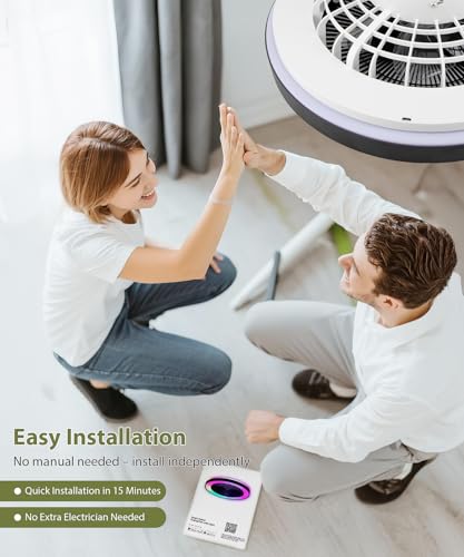 2-in-1 Dünnwandiger Schwarzer Deckenventilator mit Licht, 50,8 cm (20\) Käfig-Sicherheitsdesign für Kinder – RGB-Farben, Smart-APP/Fernbedienung, Leiser Flachmontage-DC-Motor, Ideal für Schlafzimmer