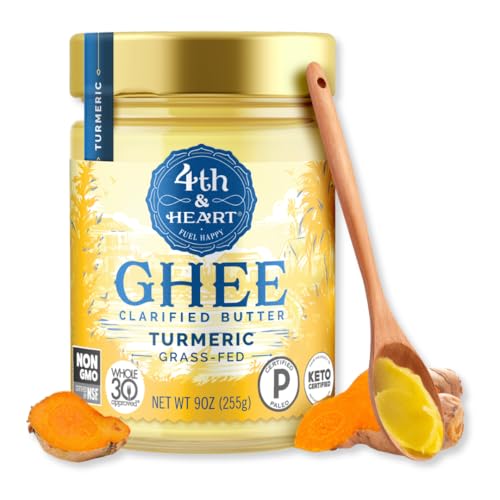 4th & Heart Turmeric Grass-Fed Ghee, Clarified Butter, 1:1 Butter Substitute, Pasture-Raised, Lactose & Casein Free, 9 oz
