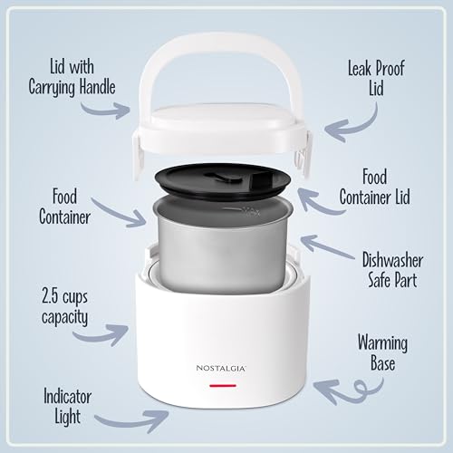 Nostalgia Portable 20-Ounce Electric Heated Lunch Box – Travel Size 2.5 Cup Capacity for Soup, Chili, and Leftovers – Leak Proof Silicone Sealed Lid, Foldable Carry Handle, Detachable Cord – White - image 3