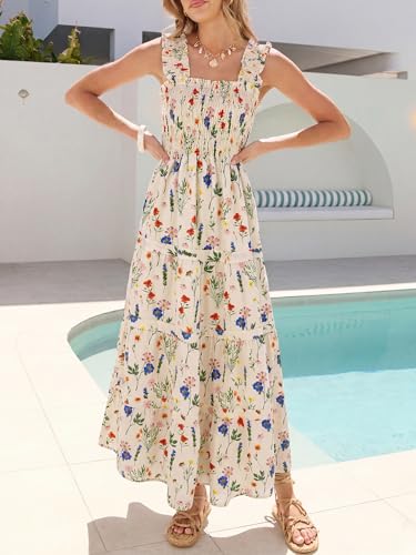 Image of Caracilia Womens Summer Maxi Dresses Floral Smocked Sleeveless Ruffle Boho Casual Flowy Aline Beach Vacation Long Sundress