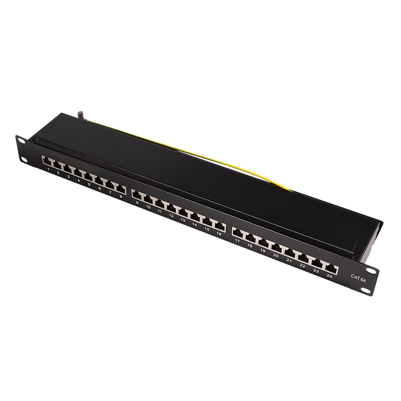 CAT 6A Patchpanel Verteilerfeld 24 Port - Desktop 19" Zoll Rackeinbau Servermontage RJ45 Geschirmt - TIA568A TIA568B - schwarz