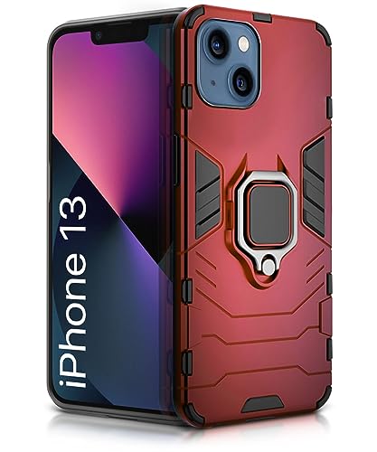 Image of WOW IMAGINE Shock Proof Back Case Mobile Cover for iPhone 13 (6.1″) (Tough Armor | Hybrid PC + TPU | Full Protection with Ring Holder & in-Built Kickstand | Red)