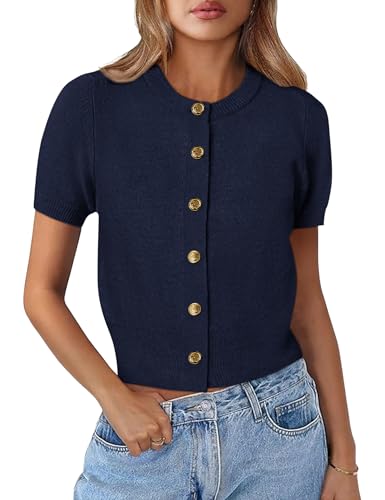 Kistore Womens Summer Short Sleeve Cropped Cardigan Button Up Crew Neck Knitted Cardigan Sweaters Tops Navy Blue Medium by Kistore - Used condition - Image 2
