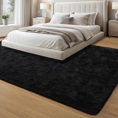 Foxmas Large Area Rugs for Living Room Bedroom 6x9 Feet, Fluffy Kids Room Plush Shaggy Nursery Rug Furry Throw Carpets for Boys Girls, College Dorm Fuzzy Rugs Home Decorate Rug, Black