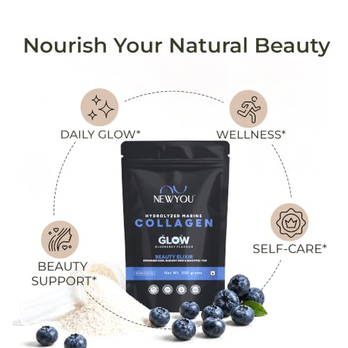 Image of NewYou Collagen Glow Marine Collagen Powder for Skin, Hair & Nail Support | With Glutathione, Biotin, Hyaluronic Acid & Vitamins B Complex, C & E | Supports Skin Hydration & Hair Health | Blueberry Flavour | 500g