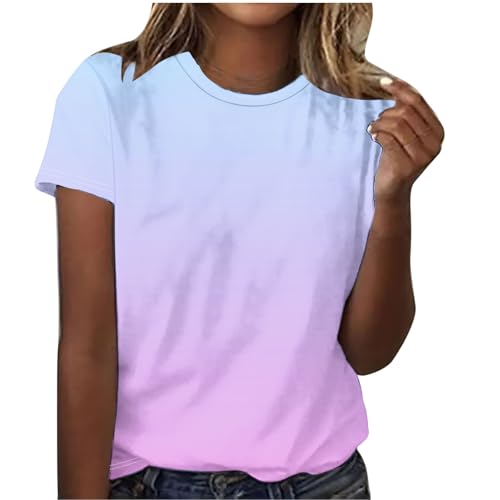 Womens Short Sleeve Neon T Shirts Summer Trendy Gradient Print Tops Crew Neck Casual Cute Ombre Tshirt Cute Blouses