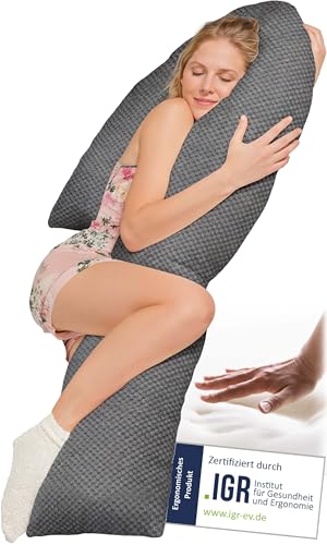 Traumreiter Seitenschläferkissen Visco J-L mit Bezug Deluxe Grau - Hybrid Kissen + 1cm Memory Foam – J Form Schwangerschaftskissen Gel Body Pillow Komfortkissen Ergonomie Zertifiziert