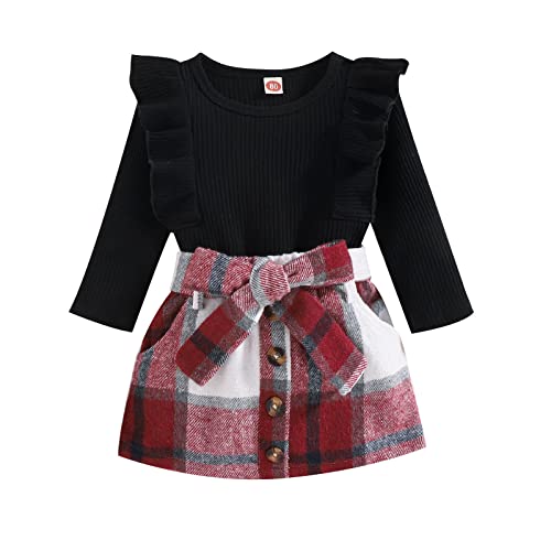 Kid Toddler Baby Girl Fashion Outfits Knitted T-Shirt Tops Plaid Mini Skirt Set 2Pcs Spring Fall Winter Clothes (Black, 3-4 Years)