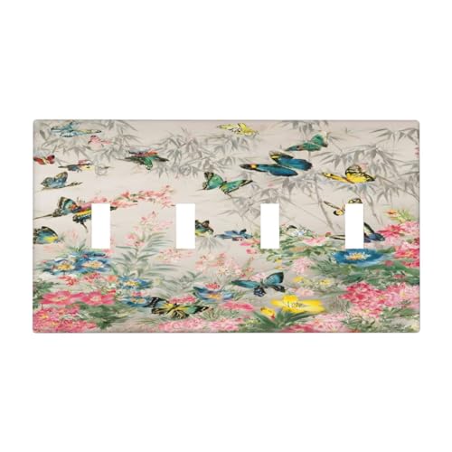 Decorative Switch Covers Plate Boho Wildflowers Butterfly Rustic Blue Pink Flowers 4 Gang Wall Plate Oversized Quad Toggle Light Switch Plate Jumbo Faceplate for Country Bedroom Decor