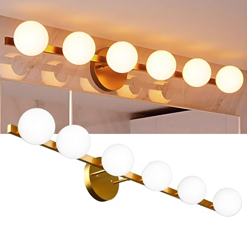 Lightdot 6 Light Bathroom Vanity Light, 38" Modern Gold Vanity Lights with Globe Water/Shatterproof PC Lampshade, Rust-Proof Bathroom Light Fixtures Over Mirror for Kitchen Hallway Cabinet Porch by Lightdot - Used condition - US$52.49