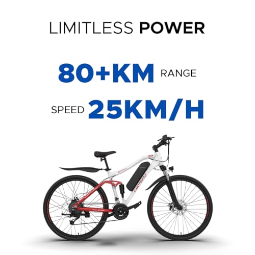 EMotorad EMX+ Electric Cycle 27.5" Wheel Size 21 Speed Shimano Altus Gears 18.5" 6061 Aluminium Alloy Frame Dual Suspension MTB (Red White)