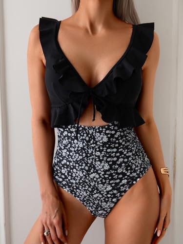 Image of Eomenie One Piece Swimsuit for Women Tummy Control Ruffle Bathing Suit V Neck Ruched Swim Suit Slimming Cutout Swimwear