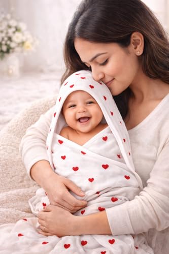 Image of Baby Hooded Wrapper for Newborn, 100% Muslin Cotton Hooded Towel & Blanket, 75x75 cm, 4 Ply, Ultra Soft & Absorbent Bath Towel for Infants & Toddler, Natural Dyes, Pack of 1