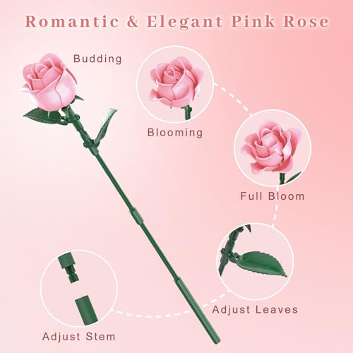 Image of Pink Roses Flower Bouquet Building Set, Artificial Flowers Botanical Collection Compatible with Lego Flowers for Adults Christmas Anniversary Valentines Day Gifts