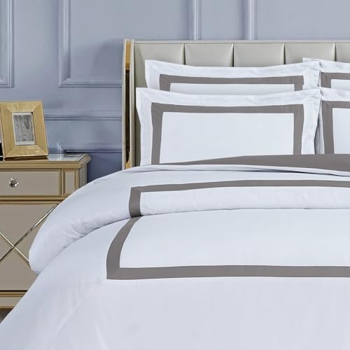 Majestic Giftware Madison Linen 8-Piece Twin Size Bedding Set (BL2-T-8) | Province Hotel Collection-White-Taupe Tape 400 TC Cotton Sateen | 2 Fitted Sheets, 2 Duvets, 4 Pillowcases