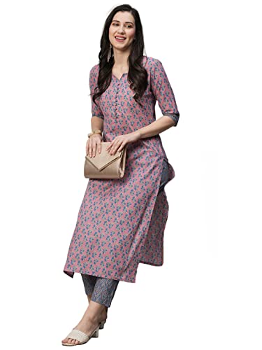 Image of GoSriKi Women's Cotton Blend Printed Straight Kurta With Pant