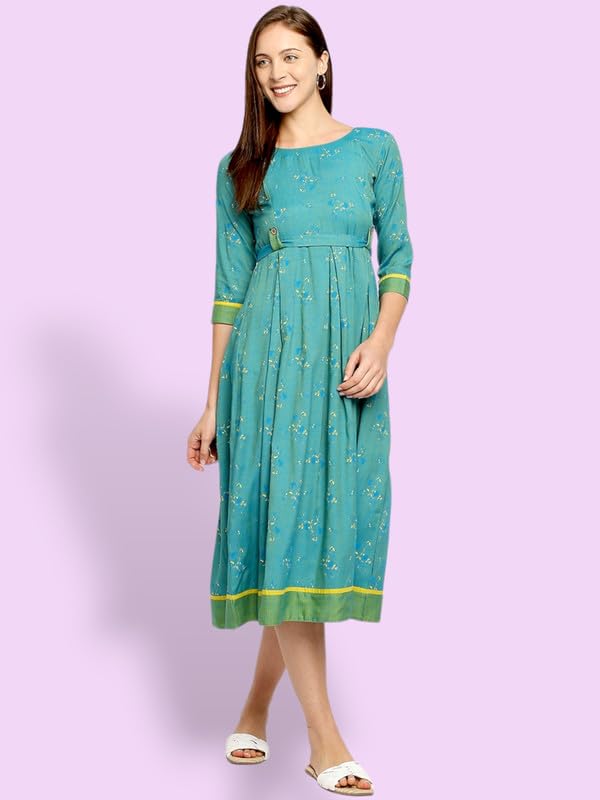 Image of DUMMY SHAPE Maternity Gown for Women | Feeding Flare Kurta with Dual Nursing Zippers for Pre & Post Partum | Maternity Dresses for Women Cotton (DS-MAT-P049-M, Turquoise)