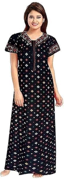 Image of NILOUFO Women's Cotton Printed Maxi Nighty - Pack of 2 | Soft Ankle-Length Sleepwear Gowns for Women | Free Size Night Dresses (Blue,Brown, Free Size)