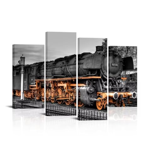 Tableau train à vapeur moderne en 4 pièces jaune et noir pour salon, 30x60 30x80cm sans cadre