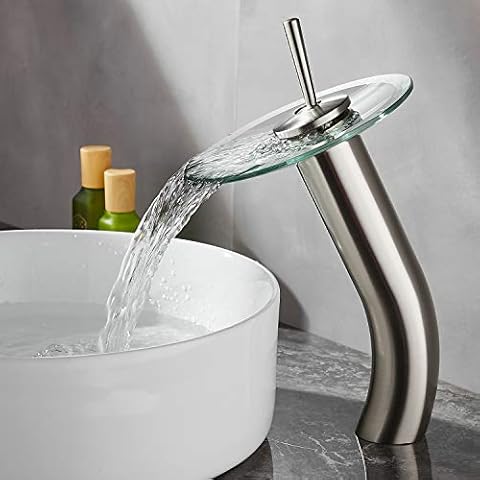 RODDEX Waterfall Bathroom Faucet Glass Single Handle Solid Brass Basin Lavatory Vessel Sink Vanity Faucet,Tall,Brushed Nickel Cover