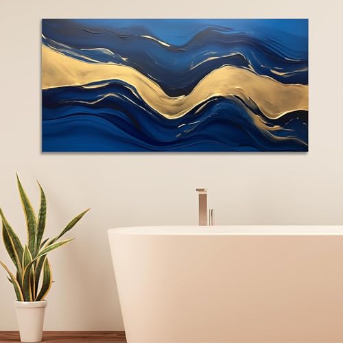 Tableau bleu et or chic avec texture dorée en relief JGGXHM art moderne - 3