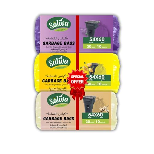 Salwa Garbage Bags 10 Gallons Capacity 54x60cm Promo Pack of 3 90 Bags Assorted Scented Lemon Vanilla & Lavender Bin Liner Trash Bags Waste Bags for Indoor and Outdoor Use