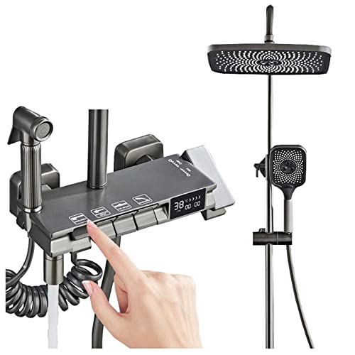 Grey Shower Faucet Set, Exposed Shower System With Digital Temperature Display,Rainfall Shower Head With Handheld,Include Dual Shower Head,Tub Spout And Handheld Bidet Toilet Sprayer,Shower Kit