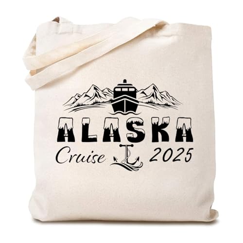 TSIIUO Women's Alaska Cruise 2024 Canvas Tote Bag Family Vacation Tote Funny Cruise Trip Shopping Reusable Bag White