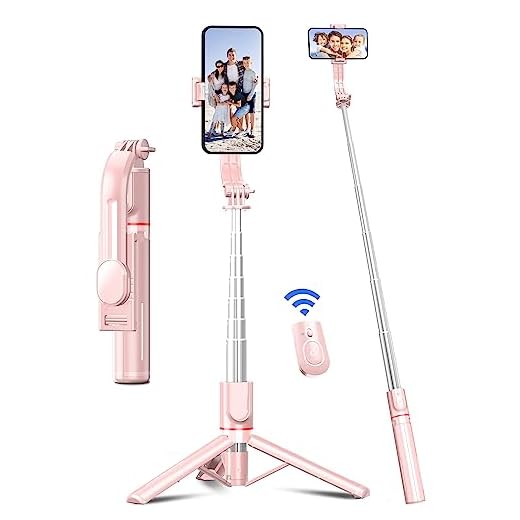 Palo Selfie Trípode, 106cm Trípode Estable Reforzadode de Aleación de Aluminio, Extensible Selfie Stick Móvil con Control Remoto Desmontable Compatible con iPhone/Samsung/Huawei, etc. (Rosa)