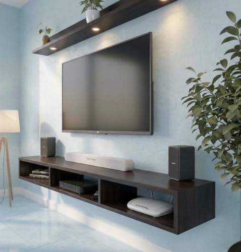 Image of Bros Moon Wall Mounted TV Cabinet Parallel Rooftop Model, Dark Wenge, pre-Laminated, Wood, for Living Room, Suits TV up to 55 Inches (Dark Wenge, Rooftop 48 Inches Base with Light)
