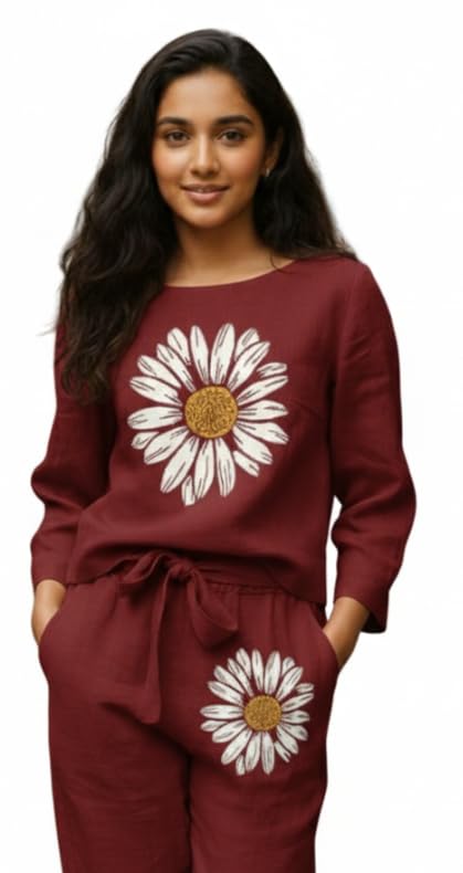 Image of White Button new Girls sunflower Daisy Print Flax Cotton Co-ord Set - Breathable Summer 2-Piece Outfit