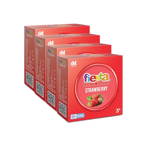 Image of Fiesta Strawberry Flavoured Condoms (12 Pcs) | Pack of 4 x 3 each | Extra Pleasure Dotted Condoms for Men | Dotted for Extra Stimulation | Fruity Strawberry Flavour Condom