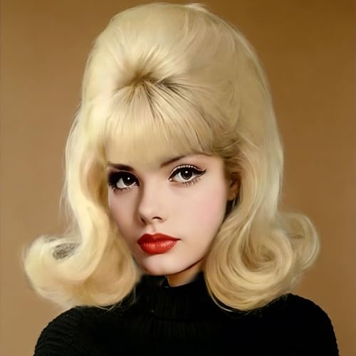 Kaneles Women Blonde Vintage Curly Wigs Bouffant Beehive 50s 60s Retro Costume Hair Wig with Bangs Halloween Cosplay Costume Party Come with Wig Cap