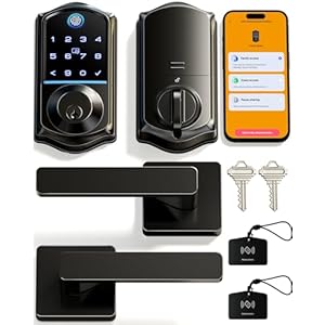 Veise VE017-B Fingerprint Smart Lock for Front Door, App Control, 8-in-1 Keyless Entry Deadbolt with 2 Zinc Alloy Lever Handles Set, Emergency Power Port, Auto Lock, Electronic Keypad, Black