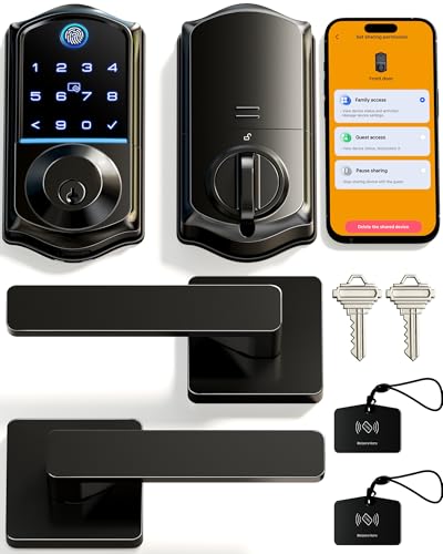 Veise VE017-B Fingerprint Smart Lock for Front Door, App Control, 8-in-1 Keyless Entry Deadbolt with 2 Zinc Alloy Lever Handles Set, Emergency Power Port, Auto Lock, Electronic Keypad, Black