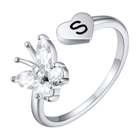 SILVERCUTE Buttefly Rings for Women Initial S - Sterling Silver Stackable Ring Platinum Plated Cubic Zirconia Alphabet Letter Name Rings Jewelry Gifts Cover