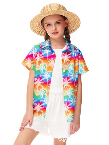 Image of Remimi Unisex Kids 4th of July Button Up Shirt Boys American Flag Print Hawaiian Beach Short Sleeve Tops 5-14 Years