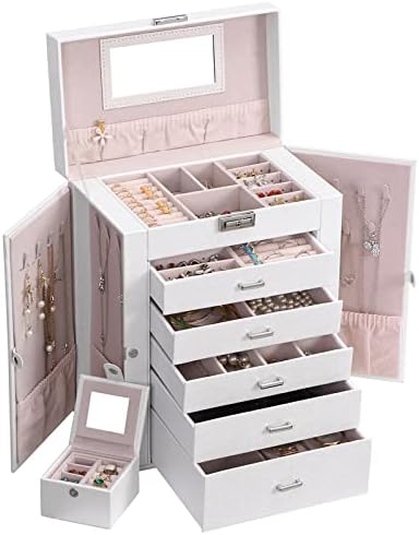 ANWBROAD Huge Jewelry Box 6 Tier Jewelry Organizer Box Display Storage Case Holder with Lock Mirror Girls Jewelry Box for Earrings Rings Necklaces Bracelets Gift Faux Leather UJJB004W