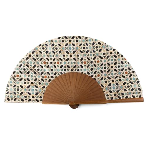 Hamzah Abanico Hecho a Mano en España – Seda Natural y Madera de Kotibé, 23 cm, Regalo Artesanal con Funda, Diseño Elegante de la Colección Mosaicos Alhambra (Qurtubi)