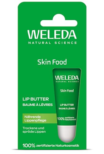 WELEDA Bio Skin Food Lip Butter Lippenpflege - Naturkosmetik Pflege Lippenbalsam Soforthilfe für spröde & trockene Lippen. Nachhaltiger Lippenstift mit Bienenwachs, Lanolin & Sonnenblumen Öl (1x 8ml)