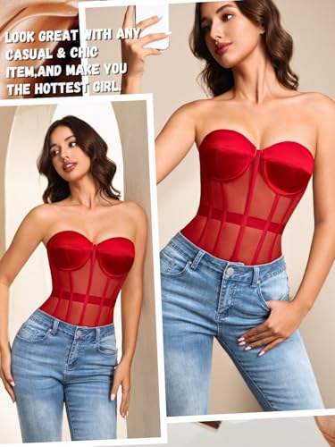 Image of Kaei&Shi Sheer Mesh Overbust Corset,Sexy Strapless Lace Up Satin Bra Corsets Top For Women Shapewear