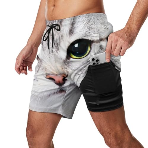 Mens Swim Trunks with Compression Liner, Cute Cat Kitten Face Printed Board Shorts2