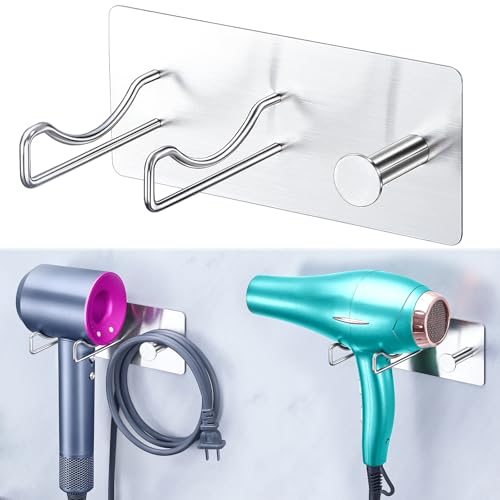 XILIMEN Hair Dryer Holder Wall Mounted, Universal Hairdryer Holder, Self Adhesive Hair Dryer Storage Stand With Power Cords Rack, Hairdryer Hook Hair Tools Organiser for Dressing Table Bathroom,Silver