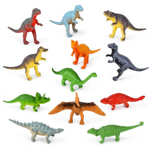 The Dreidel Company 12-Pack Mini Toy Dinosaurs Assorted, Realistic Plastic Dinosaur Figures Set, 3" Inches (12-Pack)