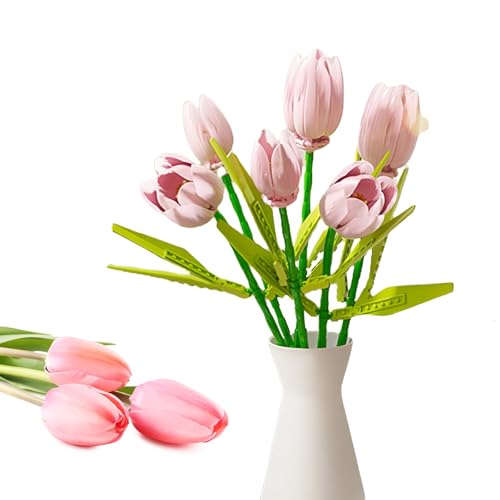 Fuleying Bouquet de construction - Tulipe - Blocs de construction botaniques - Fleurs artificielles pour la décoration de la maison, du bureau - Idée cadeau pour adultes et femmes (rose)