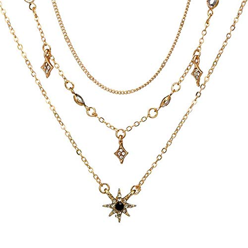 Women Star Sun Pendant Necklace Fashion Choker Crystal Tassels Chains Bohemian Jewelry for Girls and Ladies Gold Plated.