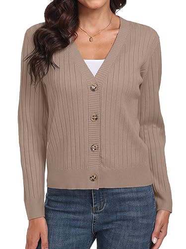 Image of FREEOAK Bolero Shrugs for Women Long Sleeve Cardigan Sweaters Open Front Button Down Cardigan for Women Winter Fall Casual Sweaters Khaki 2XL