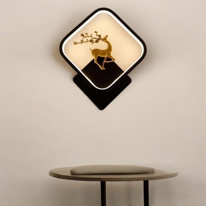 Image of Square LED Wall Light with Golden Deer & Branch Design, Multi-Color LED | Plastic | Wall Lamp for Bedroom, Living Room, Hallway, Pack of 2