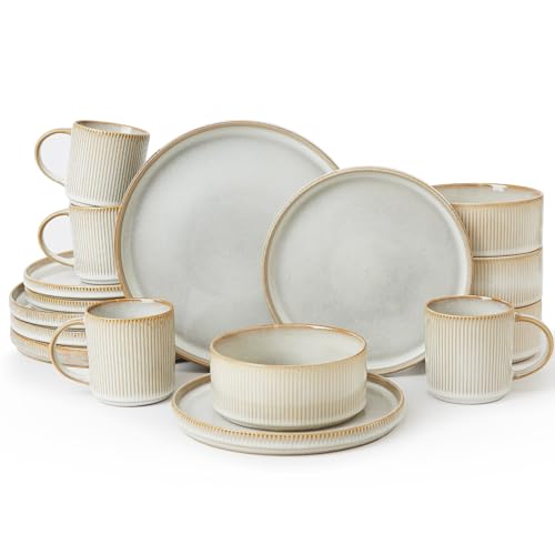 Image of Famiware Star Dinnerware Set with Mugs, Service for 4 (16pcs), Ribbed Stoneware Plates and Bowls Dishes Sets - Chip & Scratch Resistant, Microwave & Dishwasher Safe, Cappuccino White